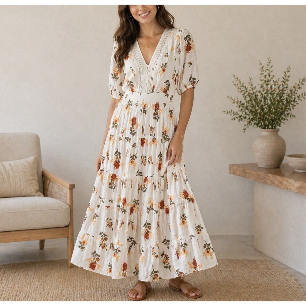 White Floral Smocked Waist Lined Midi Dress Tiered Boho Summer Womens Size S